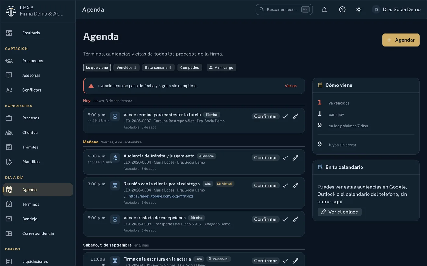 Agenda con términos, audiencias y citas